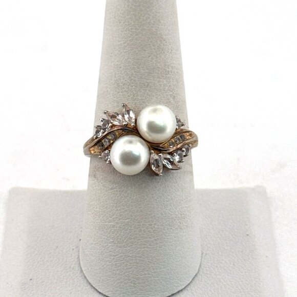 Estate Sterling Silver 925 Double Pearl & CZ Leaf Ring Size 8 Vintage Jewelry - Picture 1 of 8